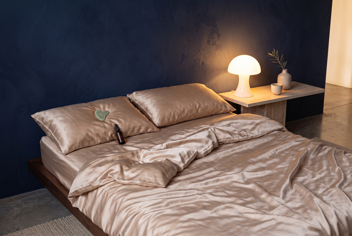 Bett mit Seidenbettwäsche und Seidenkissenbezügen aus 100 % Maulbeerseide im warmen Abendlicht einer Nachttischlampe