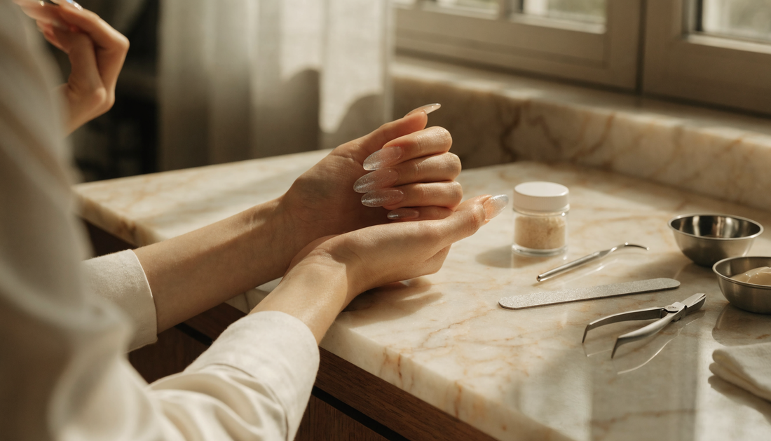 Beauty-Tools für Zuhause: Polygel-Nägel und Kosmetikwerkzeuge auf einem Vanity-Tisch