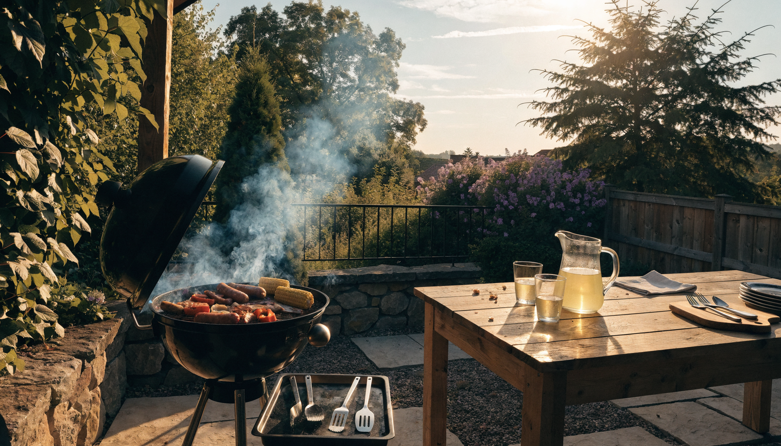 Sonnige BBQ-Szene auf der Terrasse mit Grill und Grillzubehör
