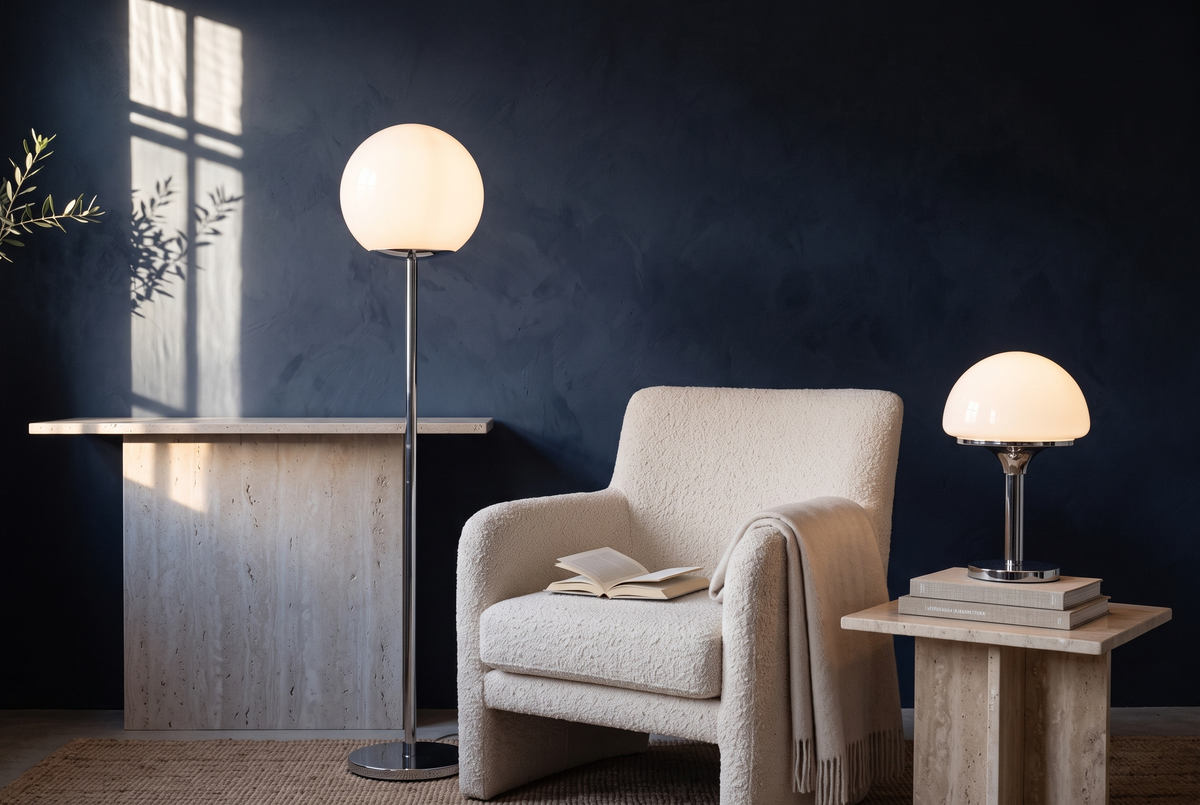 Italienische Design-Stehlampe mit Chromfuß und weißer Acrylkugel neben Bouclé-Sessel und Glas-Tischlampe auf Travertin-Beistelltisch