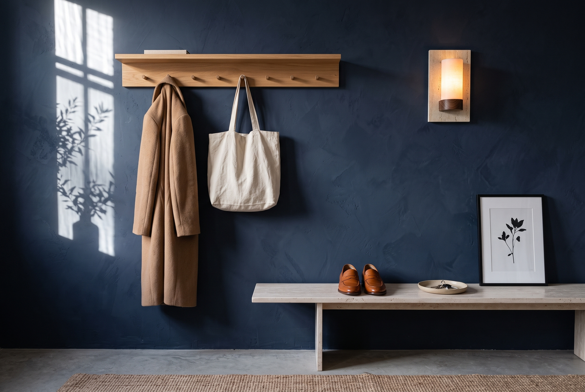 Eleganter Eingangsbereich mit Wandgarderobe aus Eiche, Travertin-Wandleuchte, Bank und Kunstdruck vor navyblauer Wand