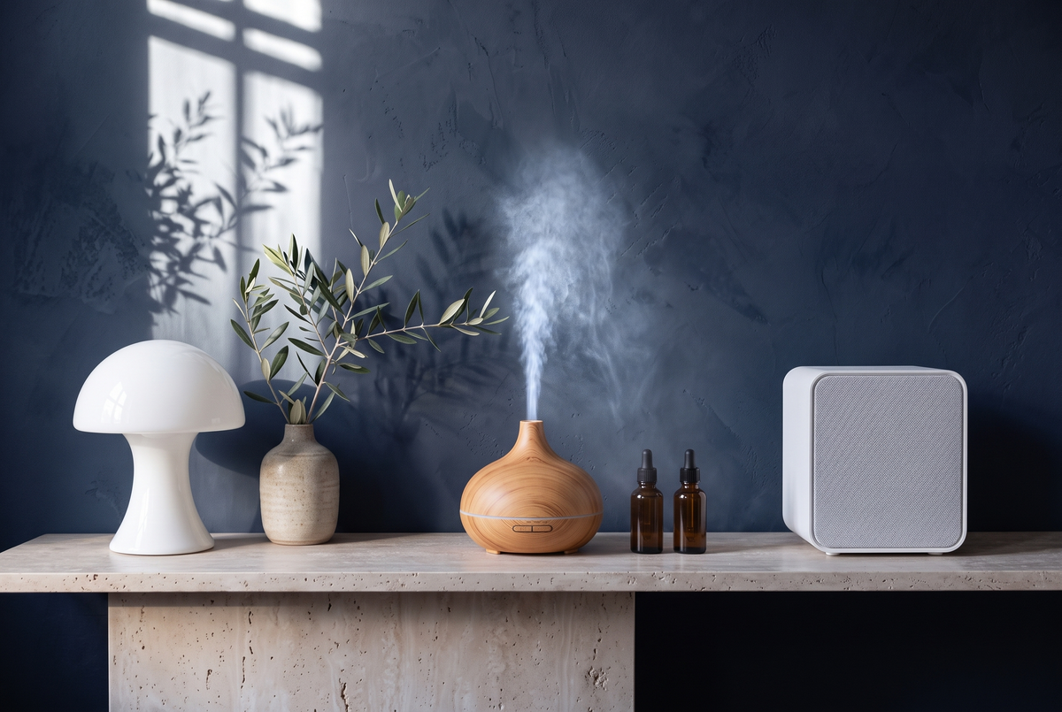 Aroma-Diffusor in Holzoptik mit Kaltnebel, ätherische Öle und kompakter Luftreiniger auf einer Travertin-Konsole im Morgenlicht