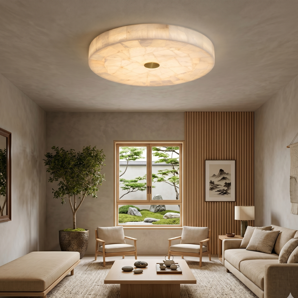 Alabaster-Deckenleuchte Weiß & Gold – elegante Deckenlampe fürs Wohnzimmer, Esszimmer & Flur