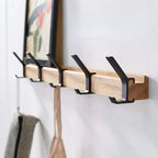 Nordische Wandgarderobe mit 5 verstellbaren Doppelhaken – Garderobenhaken aus Gummibaumholz & Aluminium in Schwarz & Holzoptik für Flur & Schlafzimmer