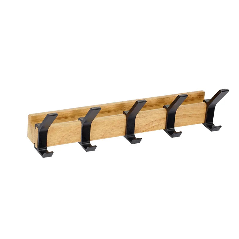 Nordische Wandgarderobe mit 5 verstellbaren Doppelhaken – Garderobenhaken aus Gummibaumholz & Aluminium in Schwarz & Holzoptik für Flur & Schlafzimmer