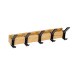Nordische Wandgarderobe mit 5 verstellbaren Doppelhaken – Garderobenhaken aus Gummibaumholz & Aluminium in Schwarz & Holzoptik für Flur & Schlafzimmer