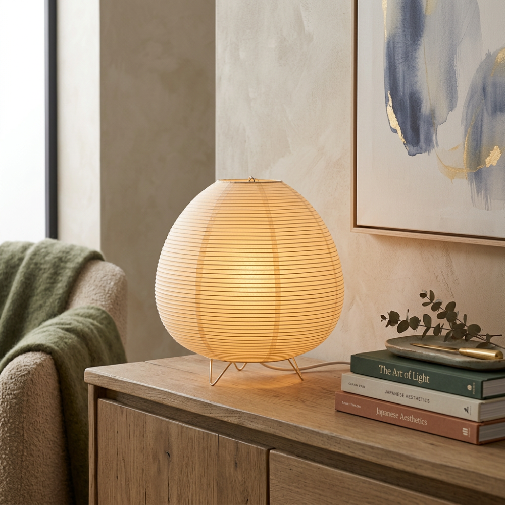 Japandi Reispapier-Nachttischlampe Dreibein – Tischlampe für Schlafzimmer & Wohnzimmer