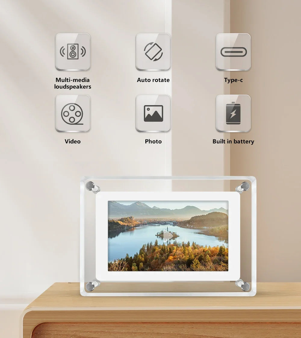 ClearFrame Acryl Digitaler Bilderrahmen mit IPS HD-Display – Tragbarer Elektronischer Fotorahmen mit Akku für Fotos, Videos & Musik | Ideales Geschenk