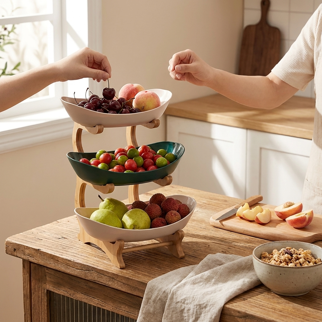 Multi-tiered wooden fruit bowl