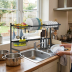 Stainless Steel Dish Drying Rack Over Kitchen Sink