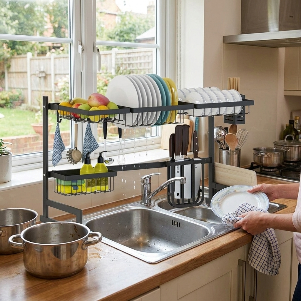 Stainless Steel Dish Drying Rack Over Kitchen Sink