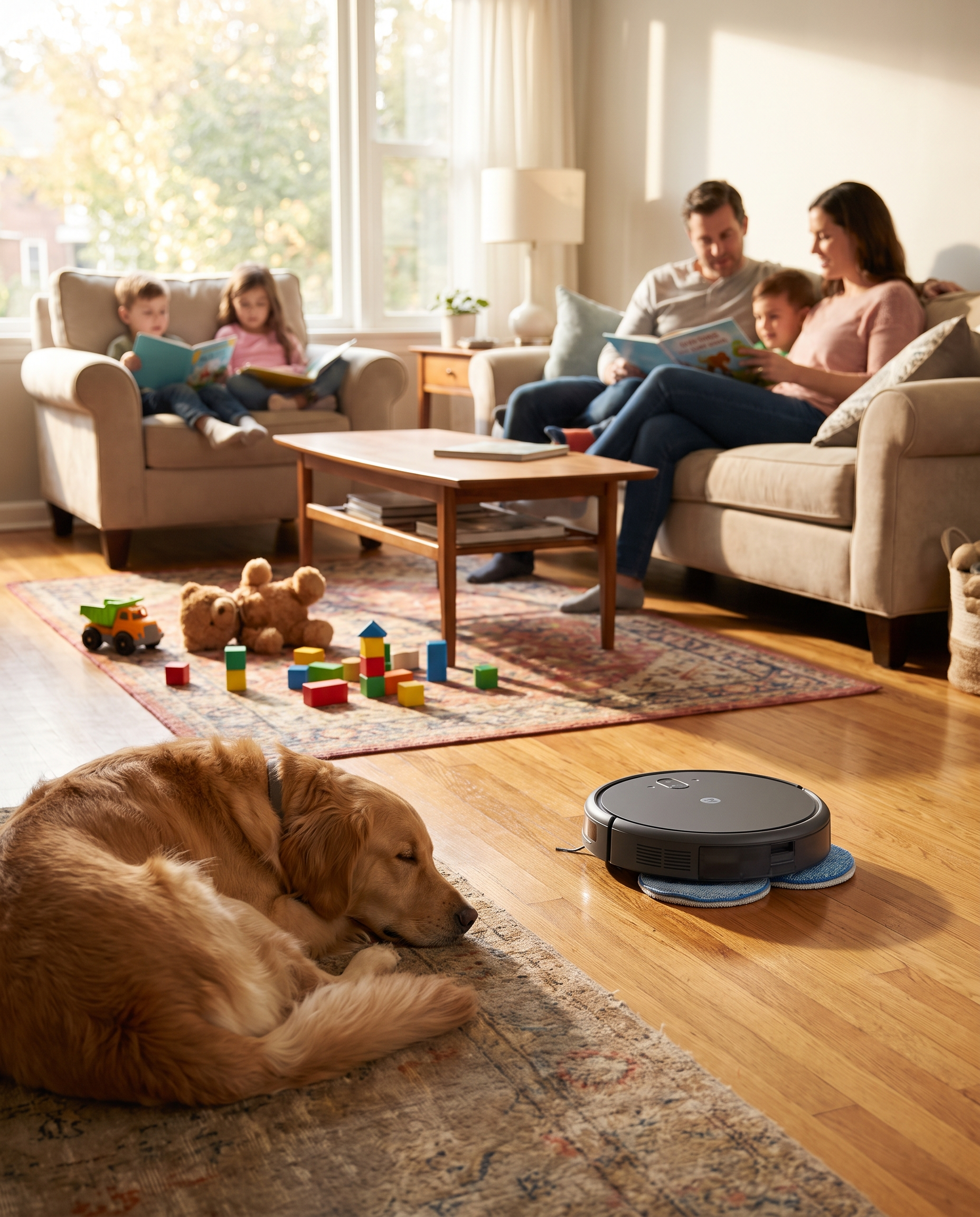 Saug-Wisch-Roboter mit Hund im Wohnzimmer