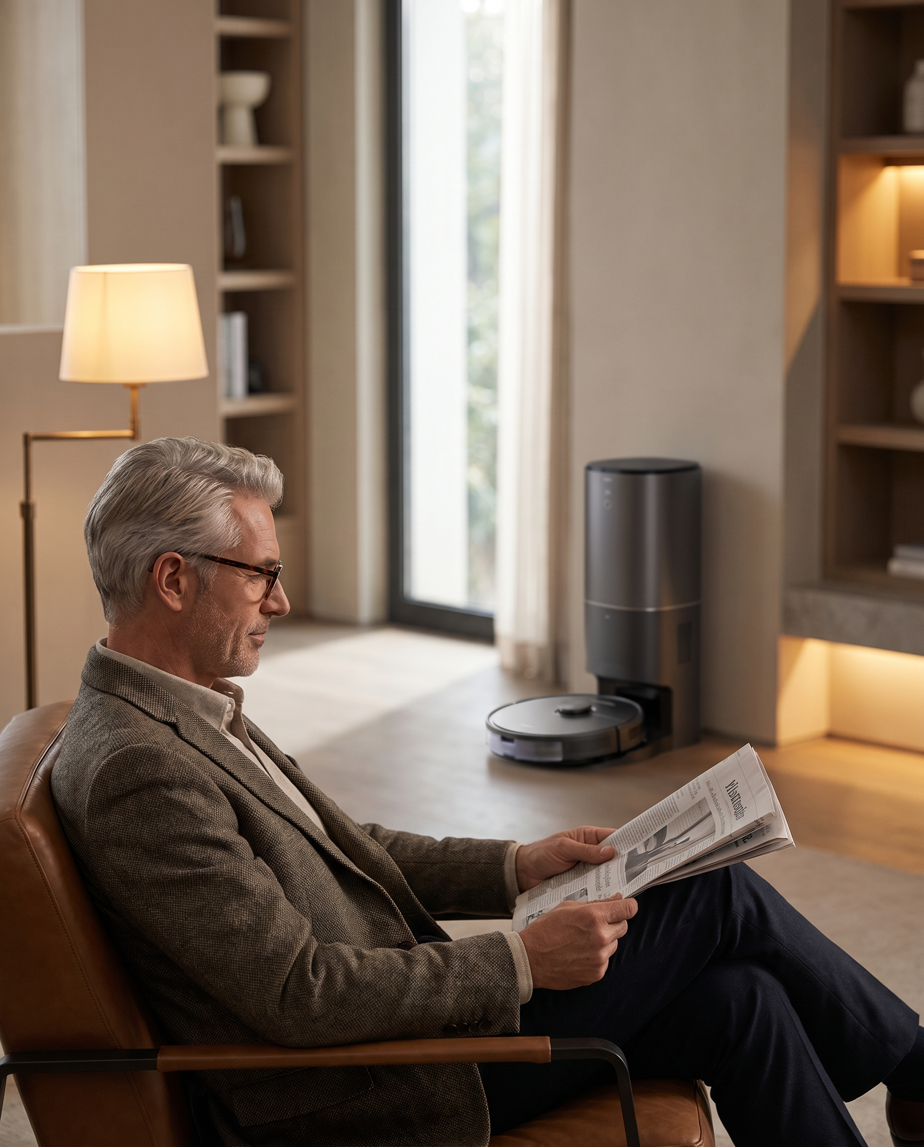 Saugroboter mit Absaugstation im Wohnzimmer
