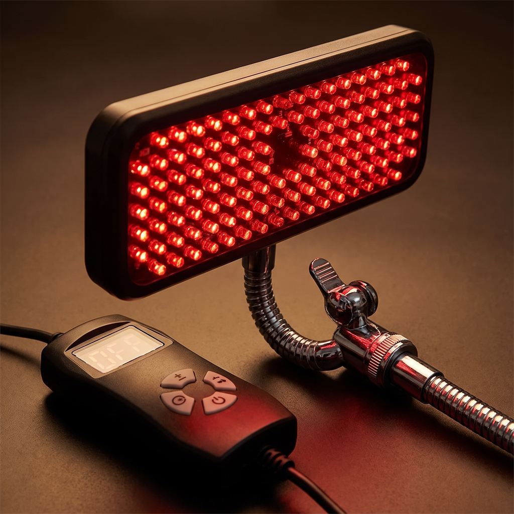 Nuvelo Rotlichttherapie Panel-Kopf Nahaufnahme mit Fernbedienung und Display
