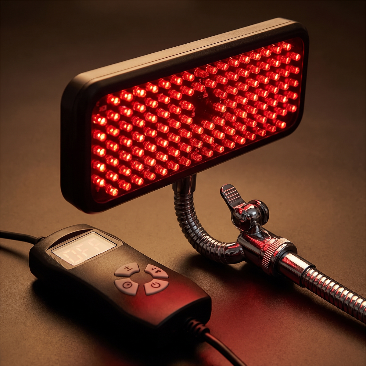 Nuvelo Rotlichttherapie Panel-Kopf Nahaufnahme mit Fernbedienung und Display
