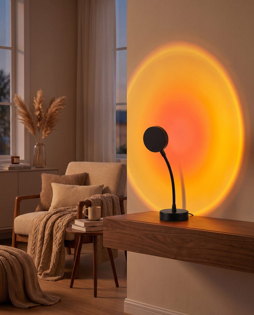 Sonnenuntergangslampe LED Projektor im stilvollen Wohnzimmer