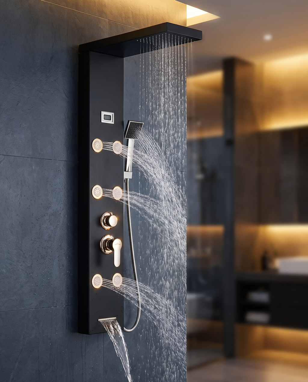 Schwarze Duschsäule im modernen Badezimmer