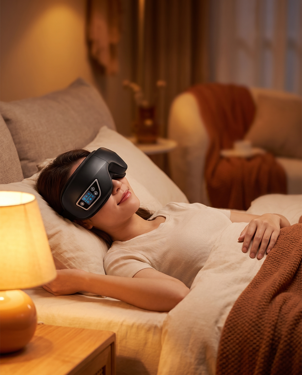 6D Smart Augenmassagegerät entspannt im Bett