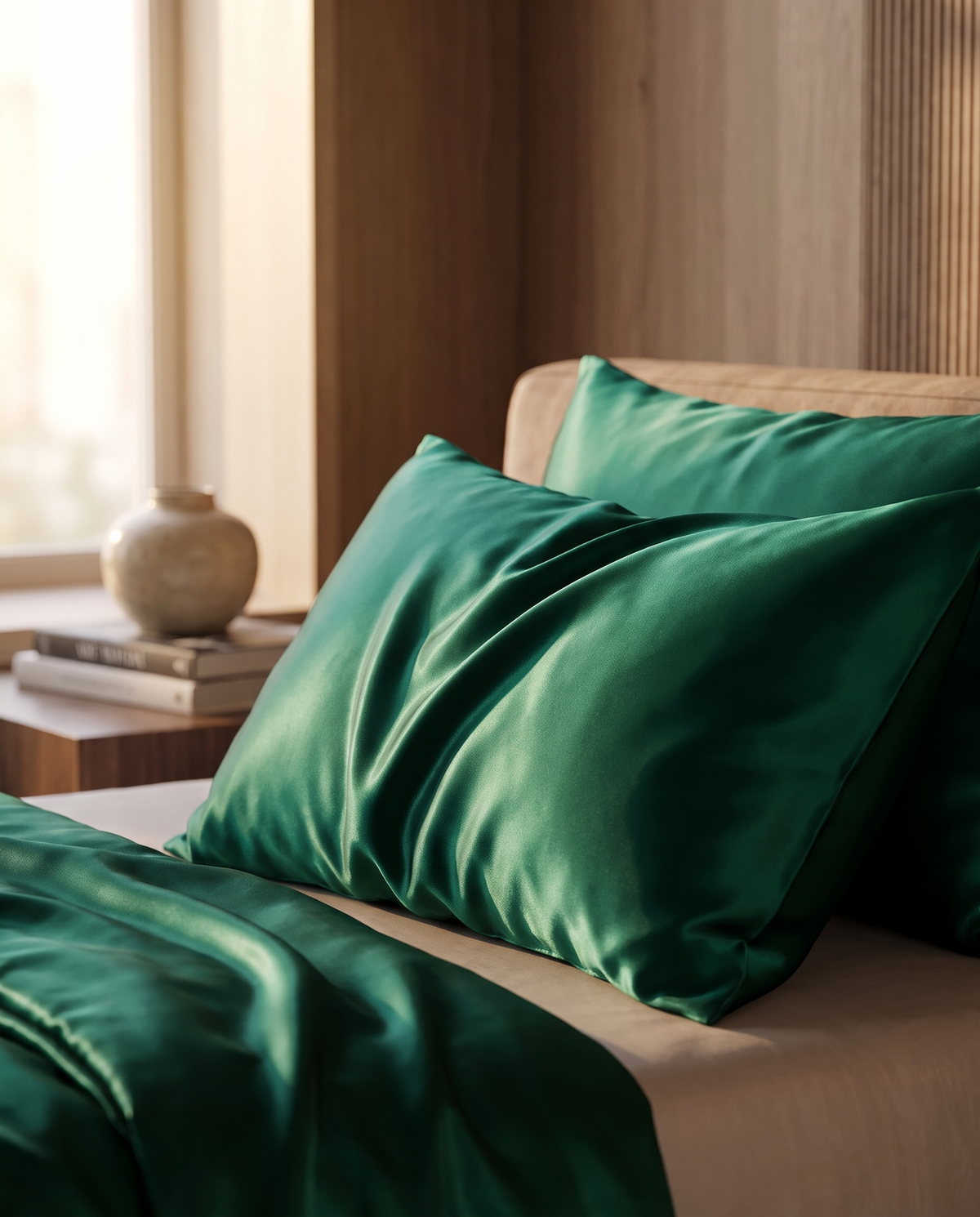 Seidenkissenbezug im eleganten Schlafzimmer am Morgen