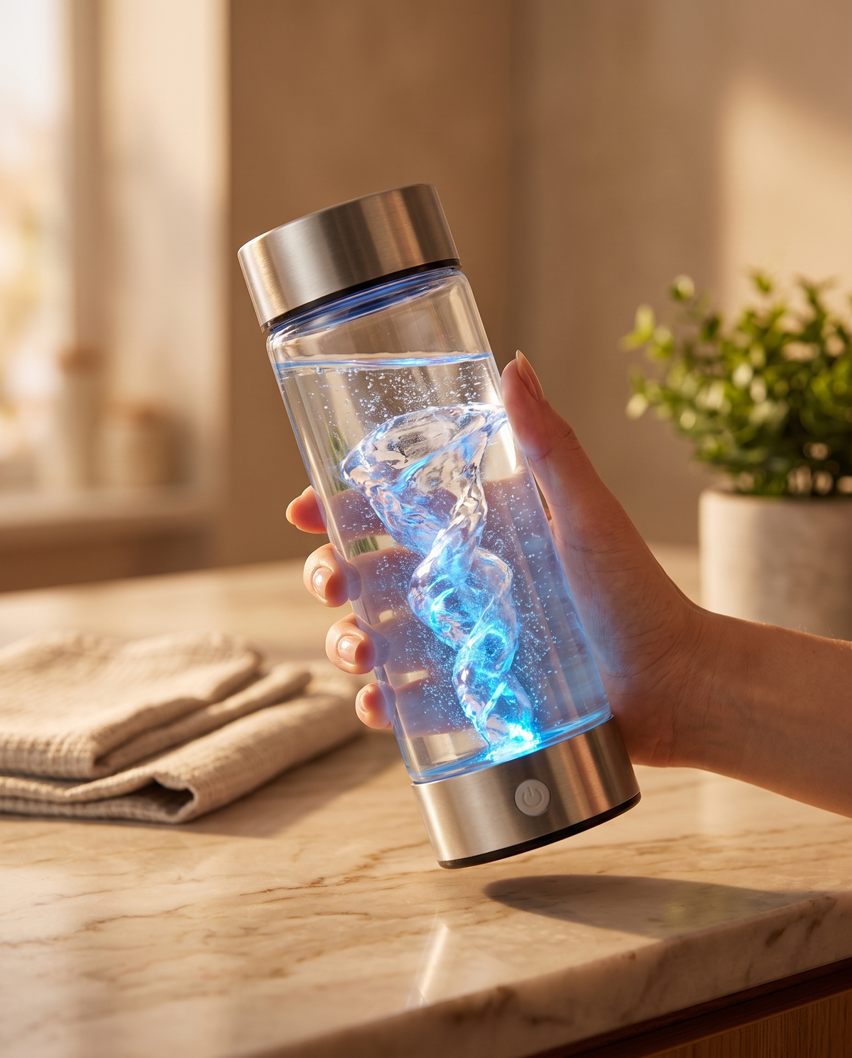 Wasserstoff Trinkflasche lifestyle golden hour