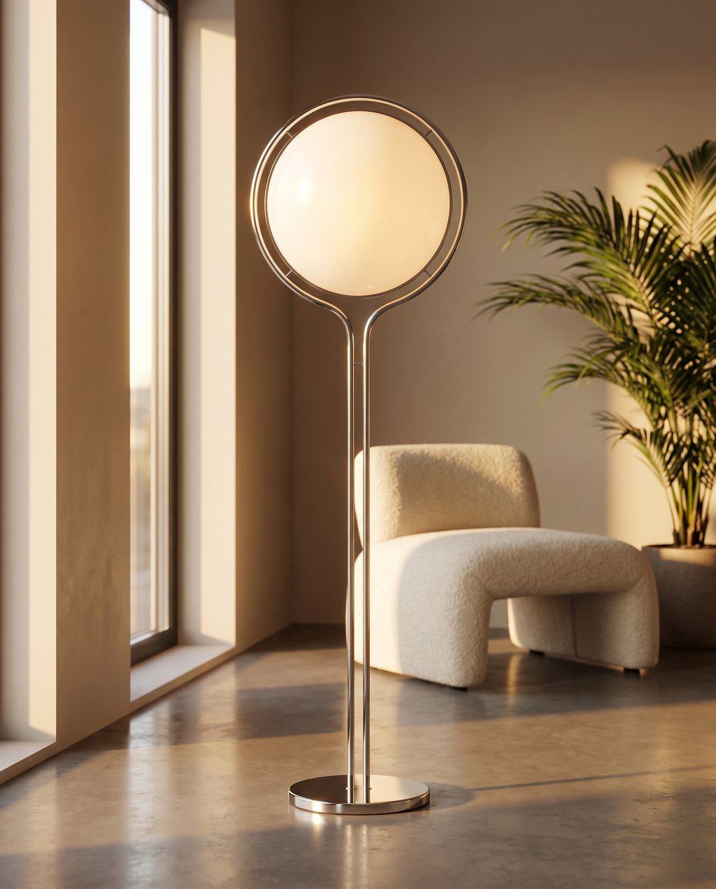 Italienische Design-Stehlampe aus Chrom-Metall mit weißer Acrylkugel – LED-Stehleuchte dimmbar in 3 Lichtfarben für Wohnzimmer & Schlafzimmer