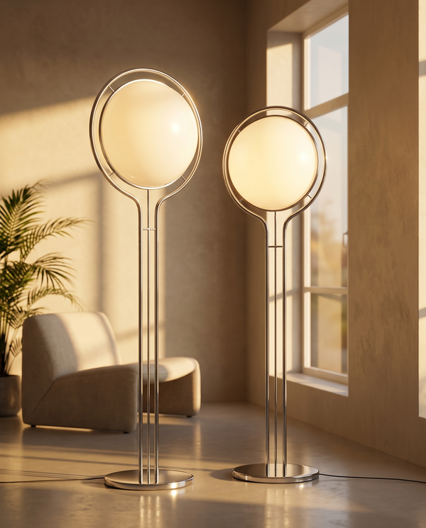 Italienische Design-Stehlampe aus Chrom-Metall mit weißer Acrylkugel
