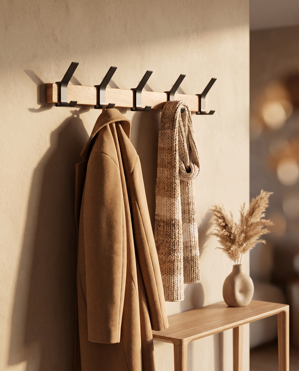 Nordische Wandgarderobe mit 5 verstellbaren Doppelhaken – Garderobenhaken aus Gummibaumholz & Aluminium in Schwarz & Holzoptik für Flur & Schlafzimmer