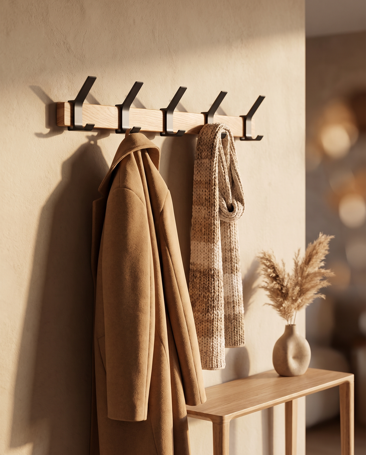 Nordische Wandgarderobe mit 5 verstellbaren Doppelhaken – Garderobenhaken aus Gummibaumholz & Aluminium in Schwarz & Holzoptik für Flur & Schlafzimmer