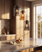 Glas-Pendelleuchte Nordisches Design – Moderne Hängeleuchte aus Farbglas mit Eisenbeschlägen für Küche, Esszimmer & Wohnzimmer, höhenverstellbar