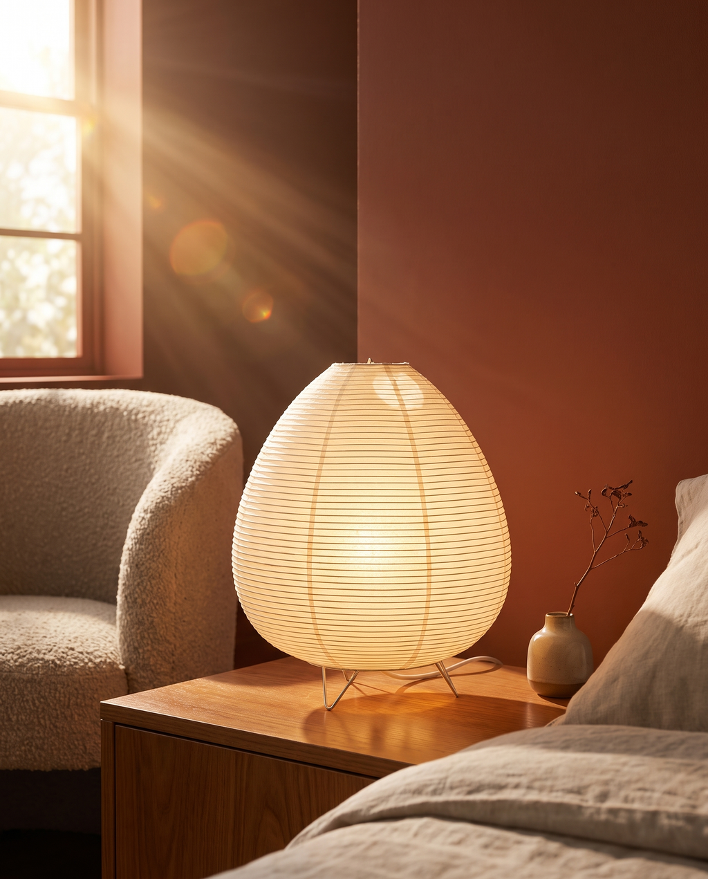 Japandi Reispapier-Nachttischlampe Dreibein – Tischlampe für Schlafzimmer & Wohnzimmer