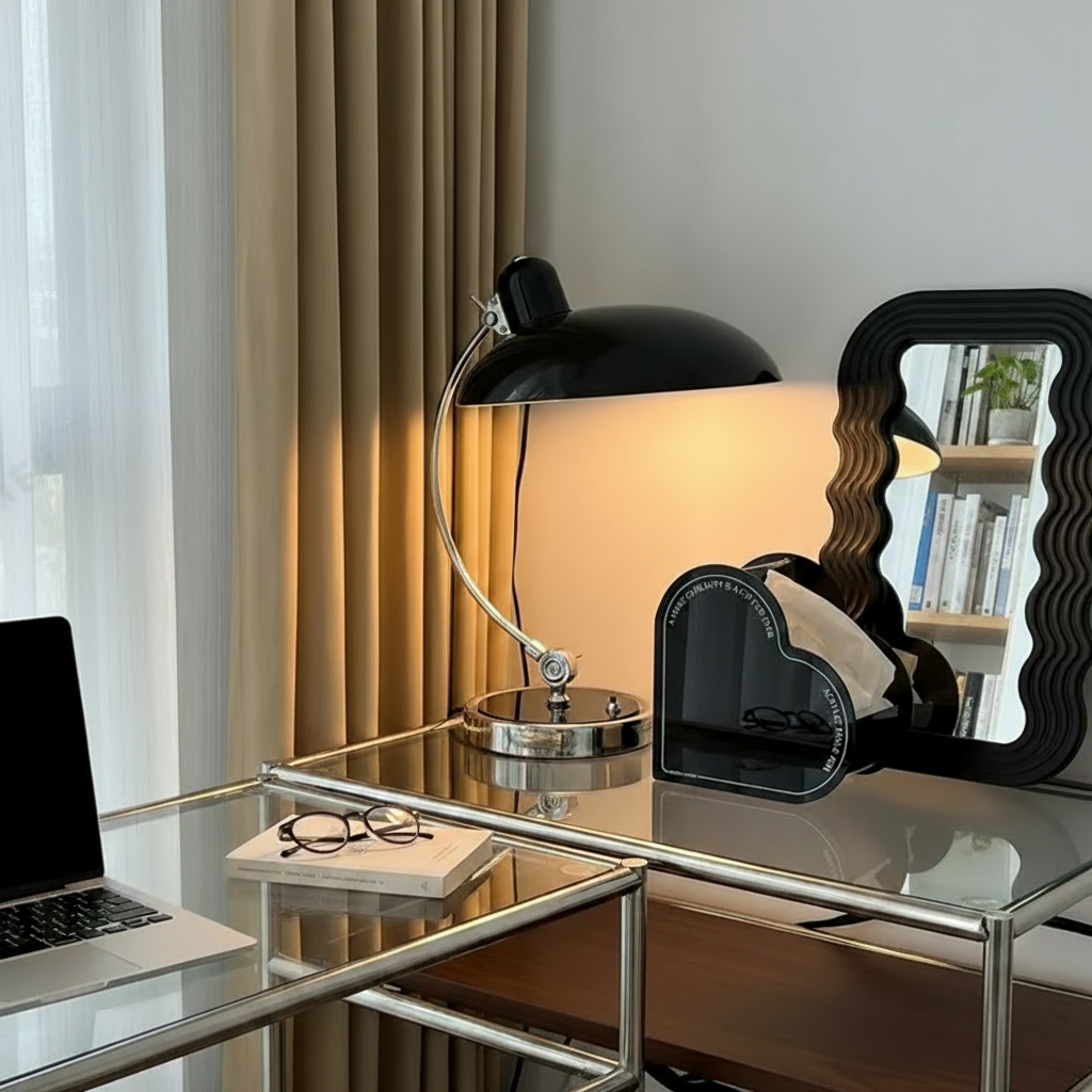 ScandiArc Tischlampe – Bauhaus-inspirierte Design-Tischleuchte mit gebogenem Metallarm in Chrom für Schreibtisch, Nachttisch & Wohnzimmer